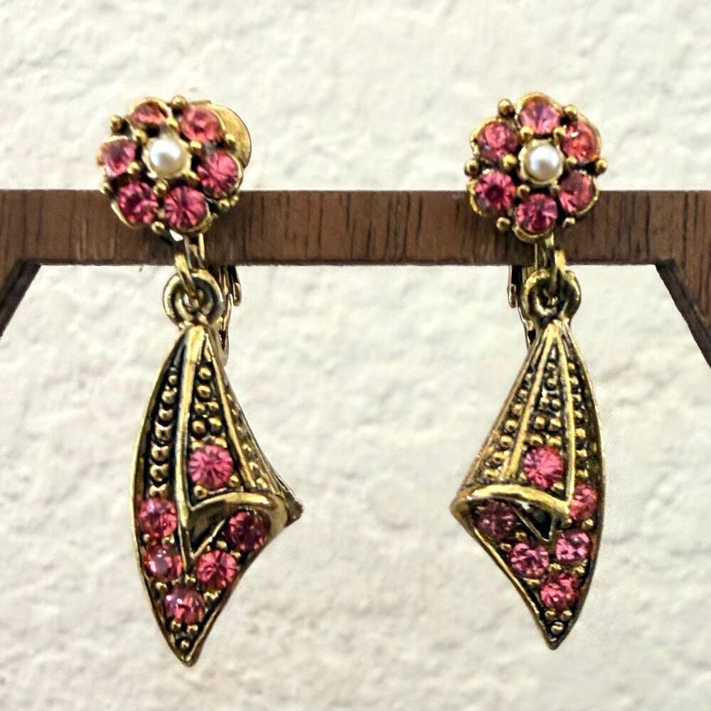 Hollycraft Vintage Pink Rhinestone Dangle Clip On Earrings Faux Pearl